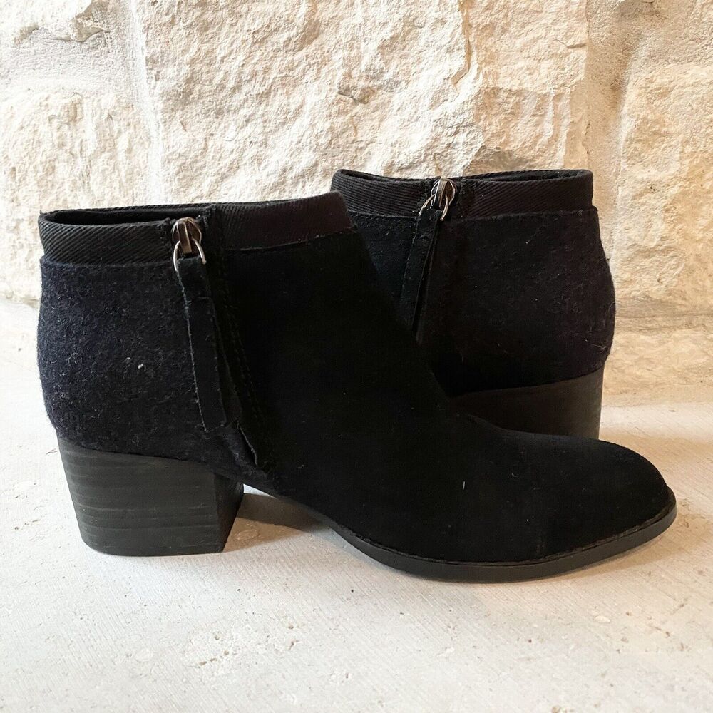 TOMS Women's Loren Black Leather Wool Stacked Heel Ankle Booties Size 7